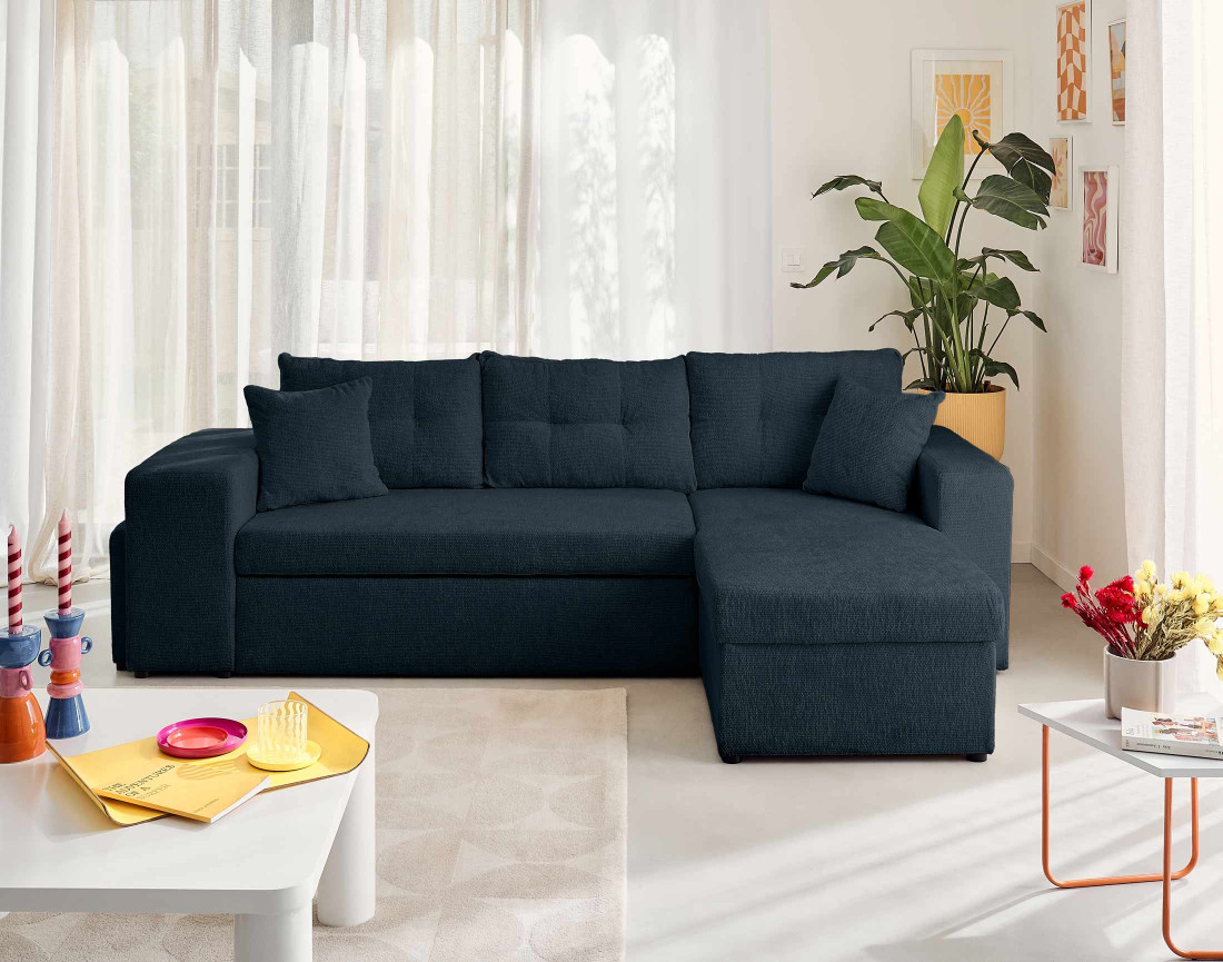 Canapé d'angle réversible 4 places convertible avec coffre, étagère et poufs en velours texturé California