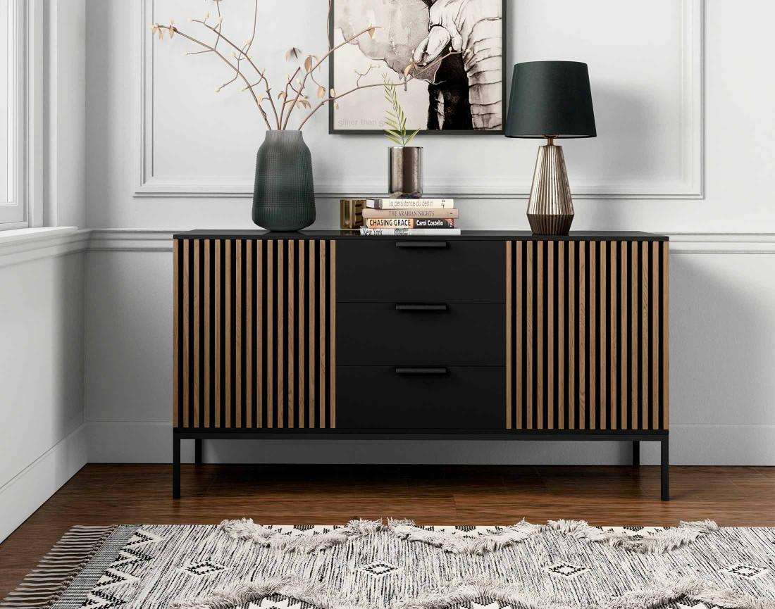 Buffet bas bois et noir 3 tiroirs et 2 portes 150 cm Savanna