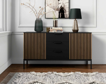 Buffet bas bois et noir 3 tiroirs et 2 portes 150 cm Savanna