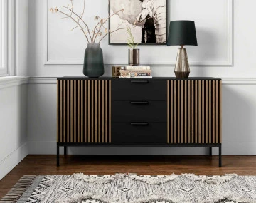 Buffet bas bois et noir 3 tiroirs et 2 portes 150 cm Savanna
