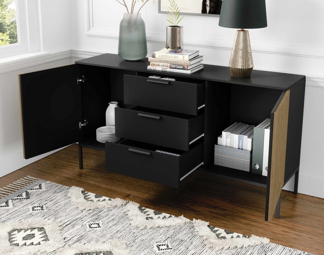 Buffet bas bois et noir 3 tiroirs et 2 portes 150 cm Savanna