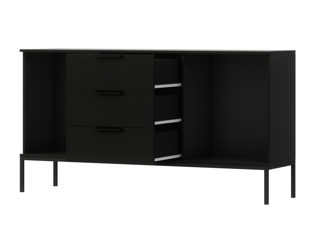Buffet bas bois et noir 3 tiroirs et 2 portes 150 cm Savanna
