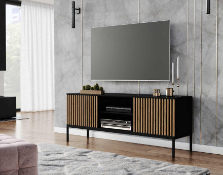 Meuble TV bois et noir 2 portes et 2 niches 150 cm Savanna