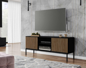 Meuble TV bois et noir 2 portes et 2 niches 150 cm Savanna