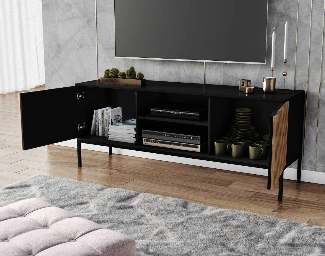 Meuble TV bois et noir 2 portes et 2 niches 150 cm Savanna