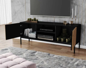 Meuble TV bois et noir 2 portes et 2 niches 150 cm Savanna