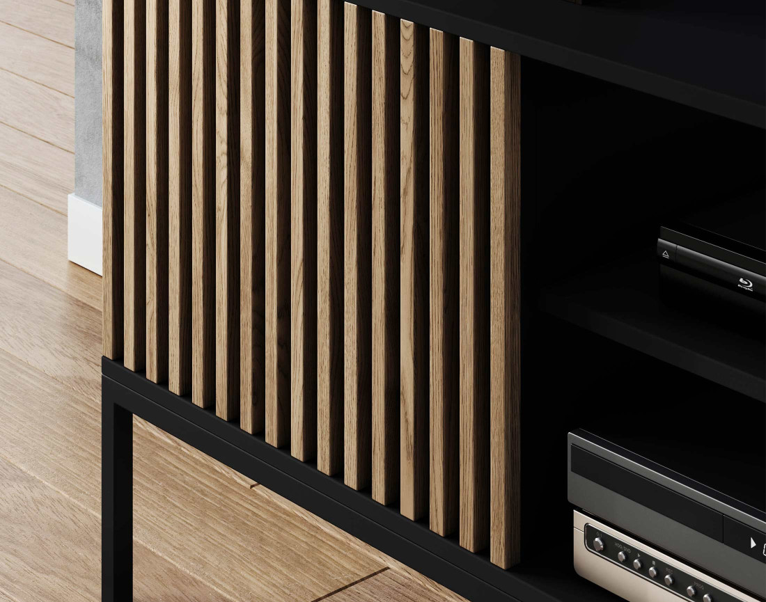 Meuble TV bois et noir 2 portes et 2 niches 150 cm Savanna