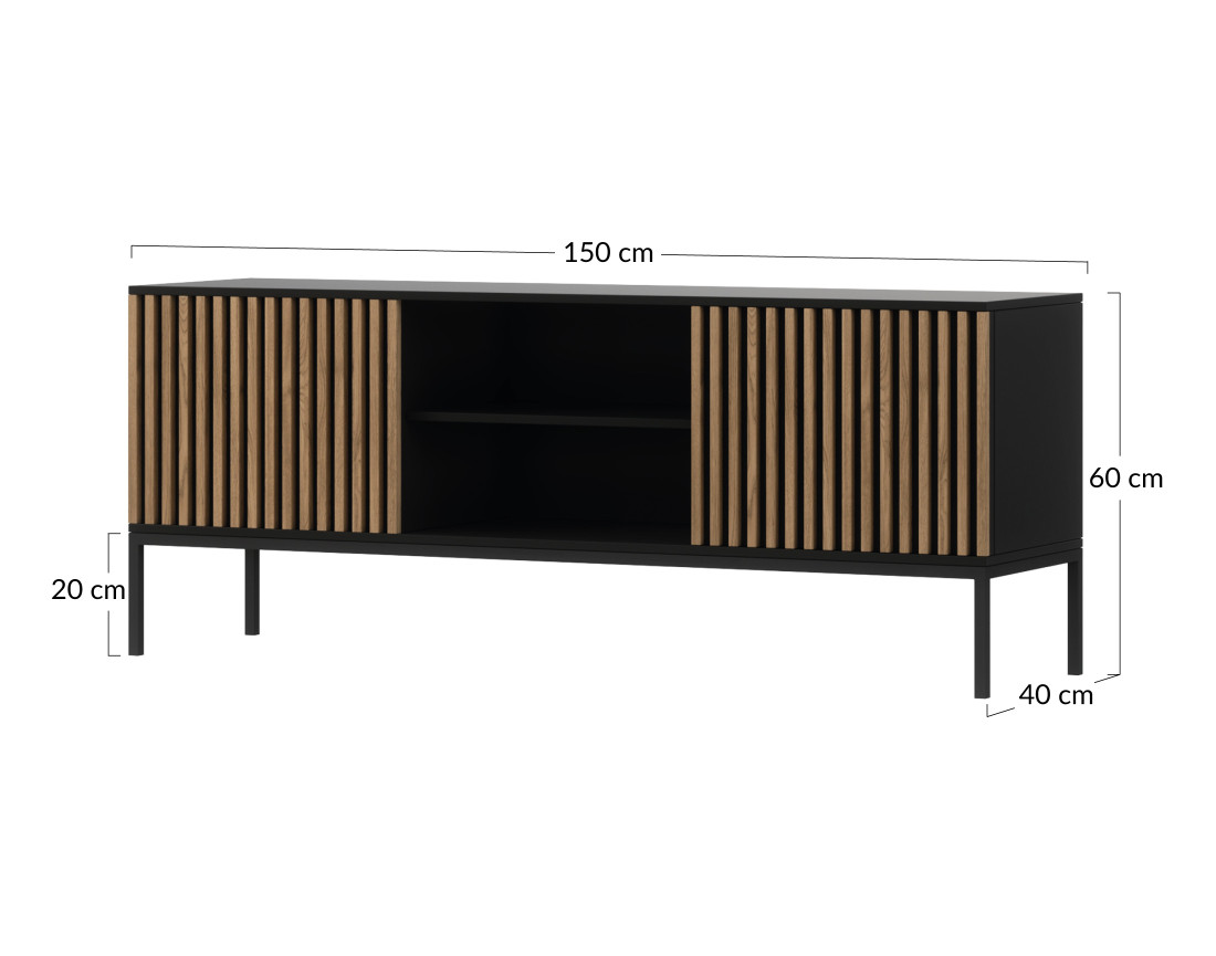 Meuble TV bois et noir 2 portes et 2 niches 150 cm Savanna