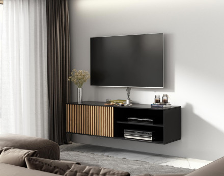 Meuble TV suspendu bois et noir 2 niches et 1 porte 150 cm Savanna