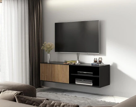 Meuble TV suspendu bois et noir 2 niches et 1 porte 150 cm Savanna