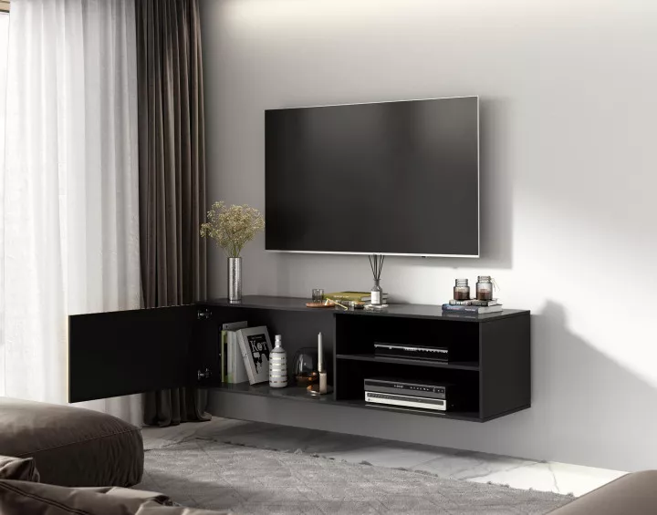 Meuble TV suspendu bois et noir 150 cm Savanna