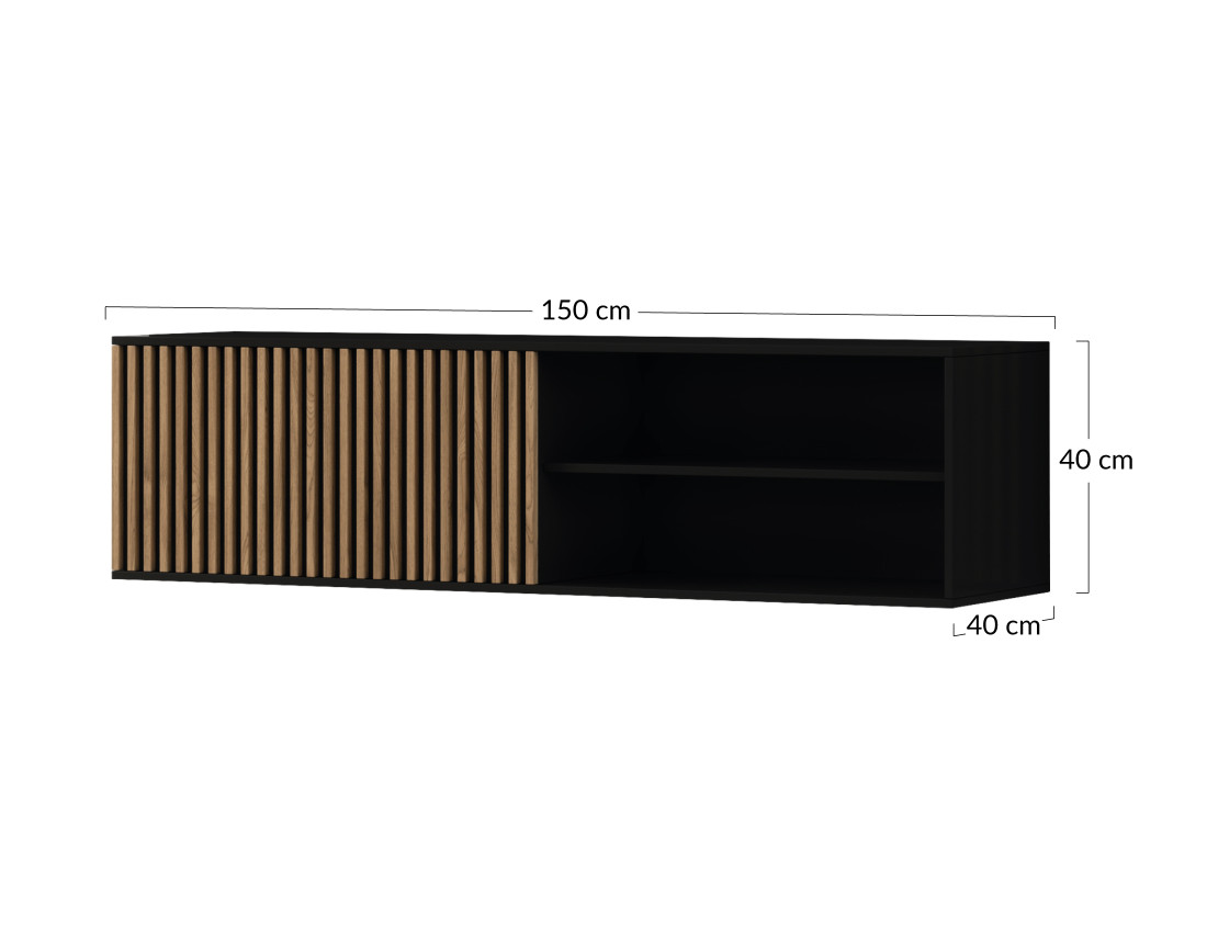 Meuble TV suspendu bois et noir 2 niches et 1 porte 150 cm Savanna