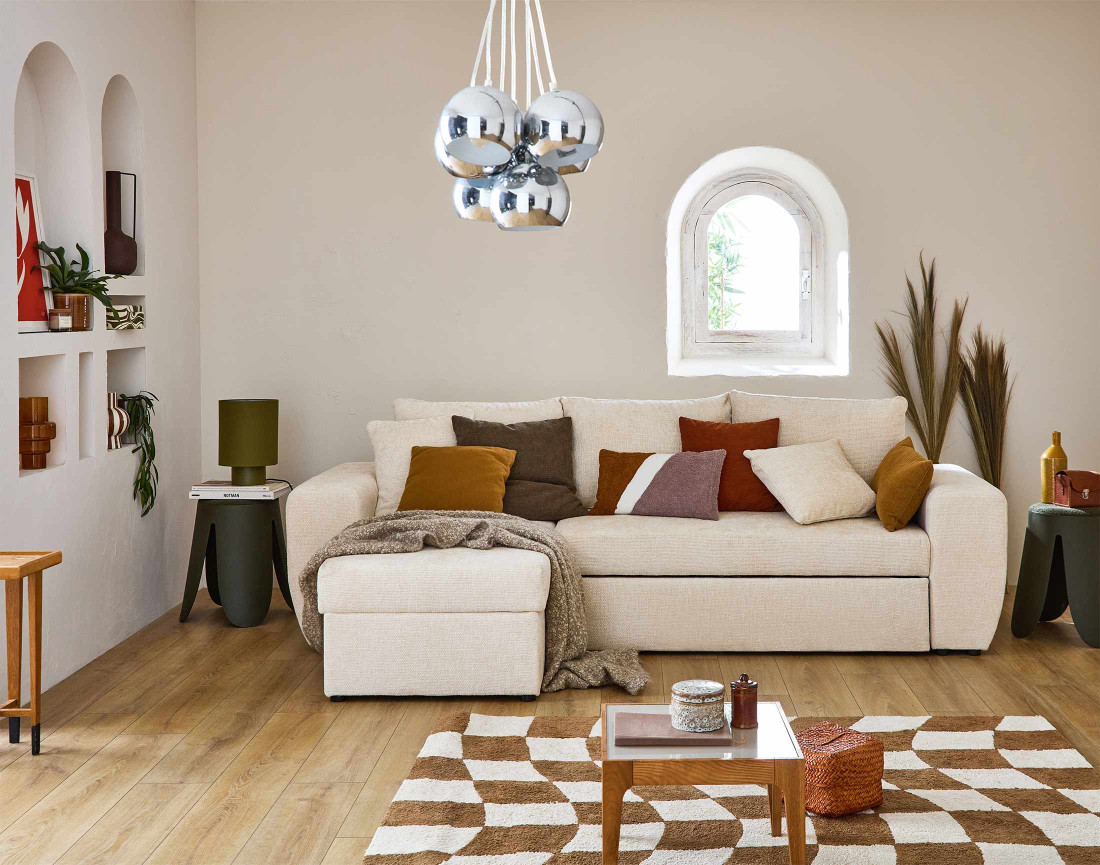 Canapé d'angle réversible 4 places convertible avec coffre en velours texturé Milan