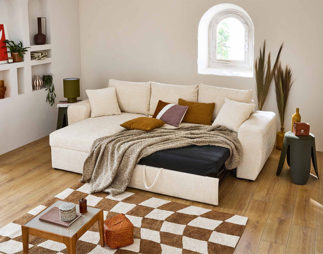 Canapé d'angle réversible 4 places convertible avec coffre en velours texturé Milan