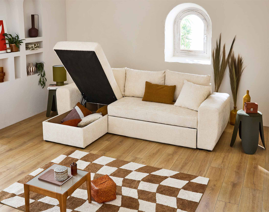 Canapé d'angle réversible 4 places convertible avec coffre en velours texturé Milan