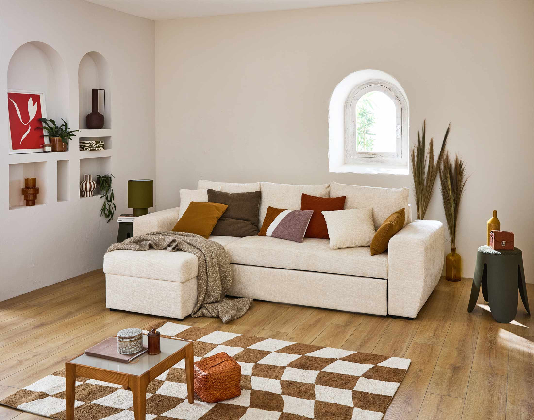 Canapé d'angle réversible 4 places convertible avec coffre en velours texturé Milan