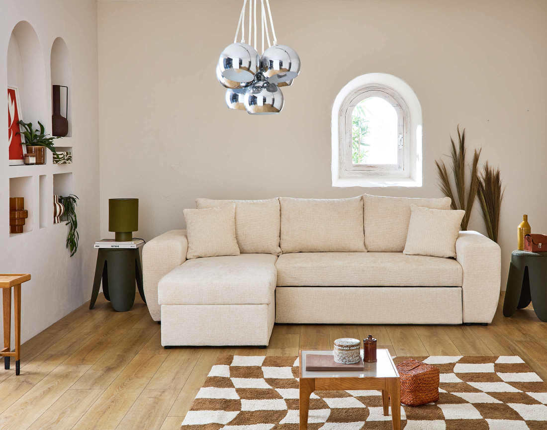 Canapé d'angle réversible 4 places convertible avec coffre en velours texturé Milan