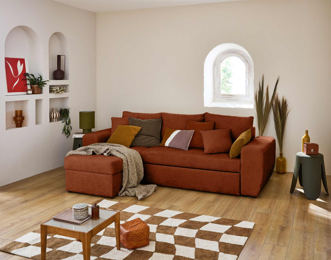 Canapé d'angle réversible 4 places convertible avec coffre en velours texturé Milan