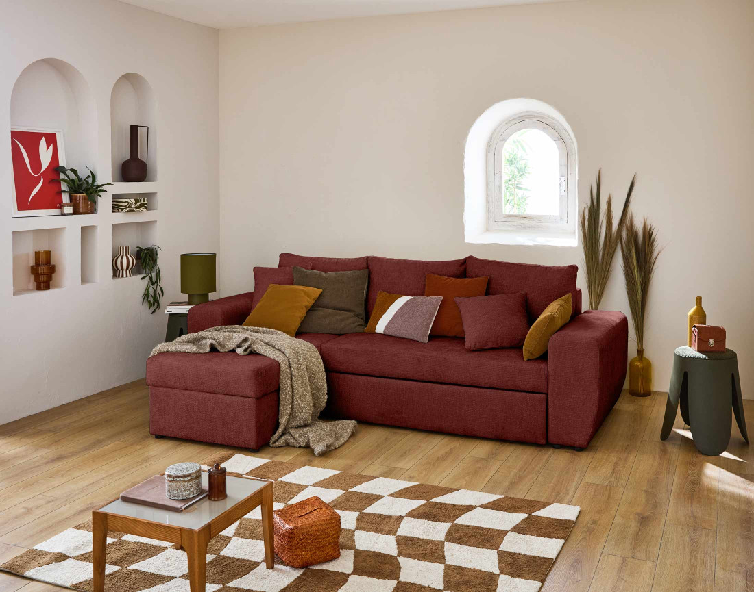 Canapé d'angle réversible 4 places convertible avec coffre en velours texturé Milan