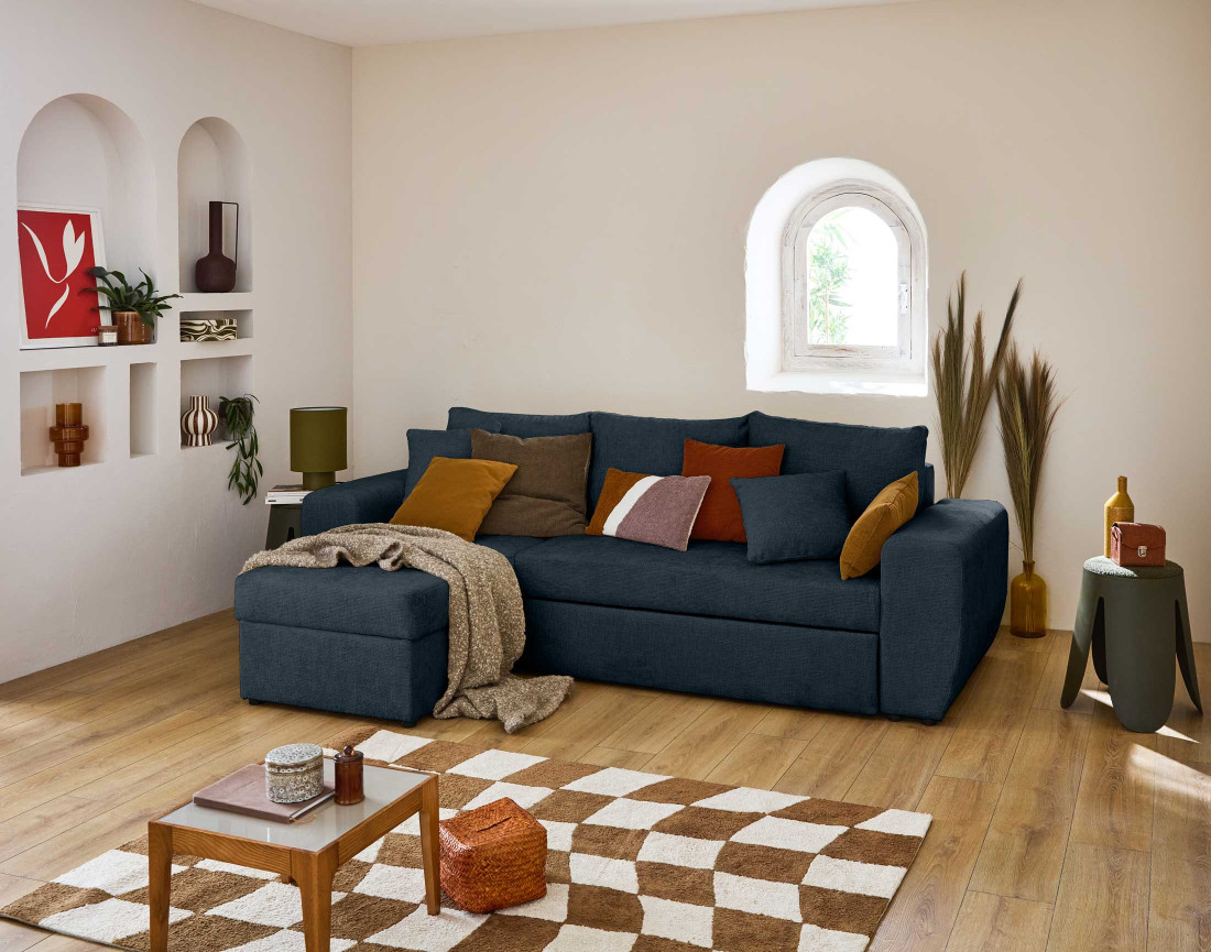 Canapé d'angle réversible 4 places convertible avec coffre en velours texturé Milan