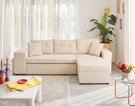 Canapé d'angle réversible 4 places convertible avec coffre, étagère et poufs en velours texturé California