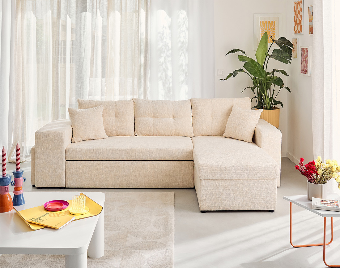 Canapé d'angle réversible 4 places convertible avec coffre, étagère et poufs en velours texturé California Canapé d'angle réversible 4 places convertible avec coffre, étagère et poufs en velours texturé California