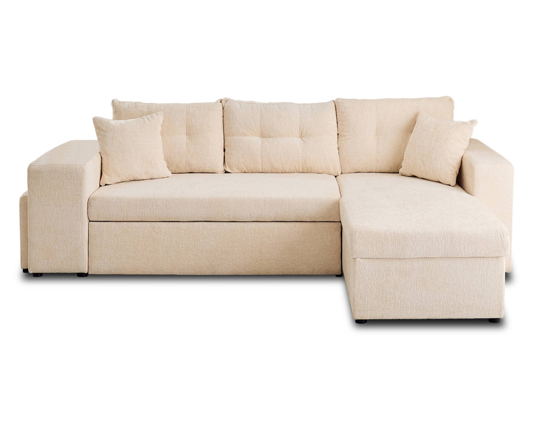 Canapé d'angle réversible 4 places convertible avec coffre, étagère et poufs en velours texturé California Canapé d'angle réversible 4 places convertible avec coffre, étagère et poufs en velours texturé California