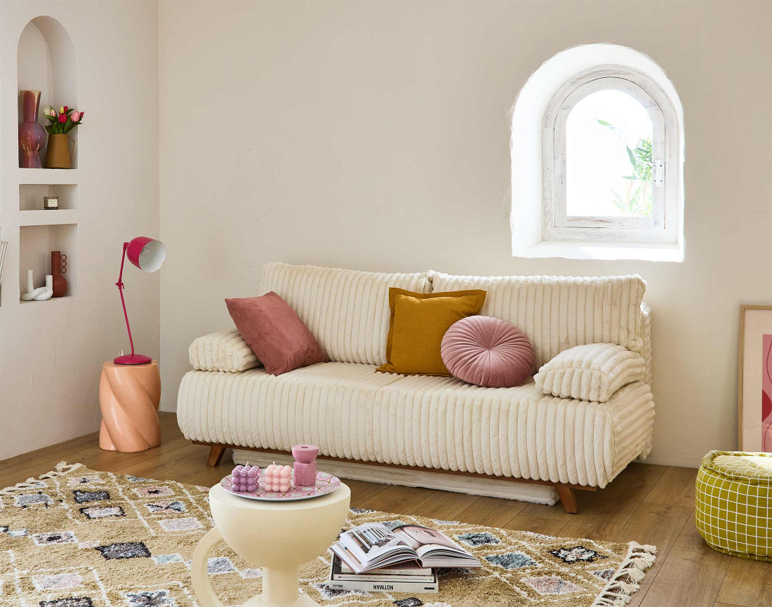 Canapé 3 places convertible avec coffre en fausse fourrure côtelée Cristal Canapé 3 places convertible avec coffre en fausse fourrure côtelée Cristal