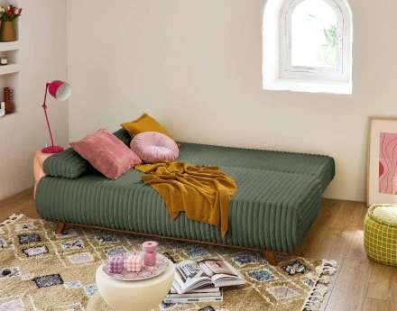 Canapé 3 places convertible avec coffre en fausse fourrure côtelée Cristal