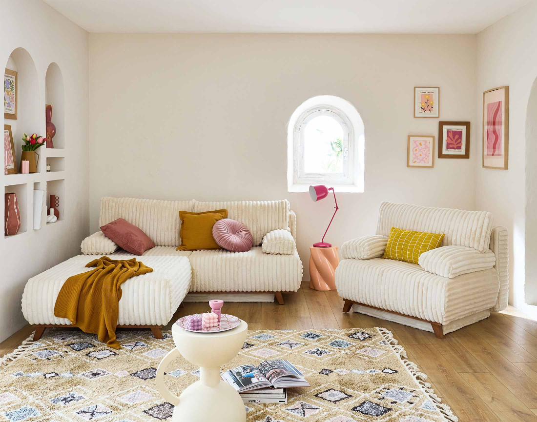 Pouf modulable 95 cm en fausse fourrure côtelée Cristal