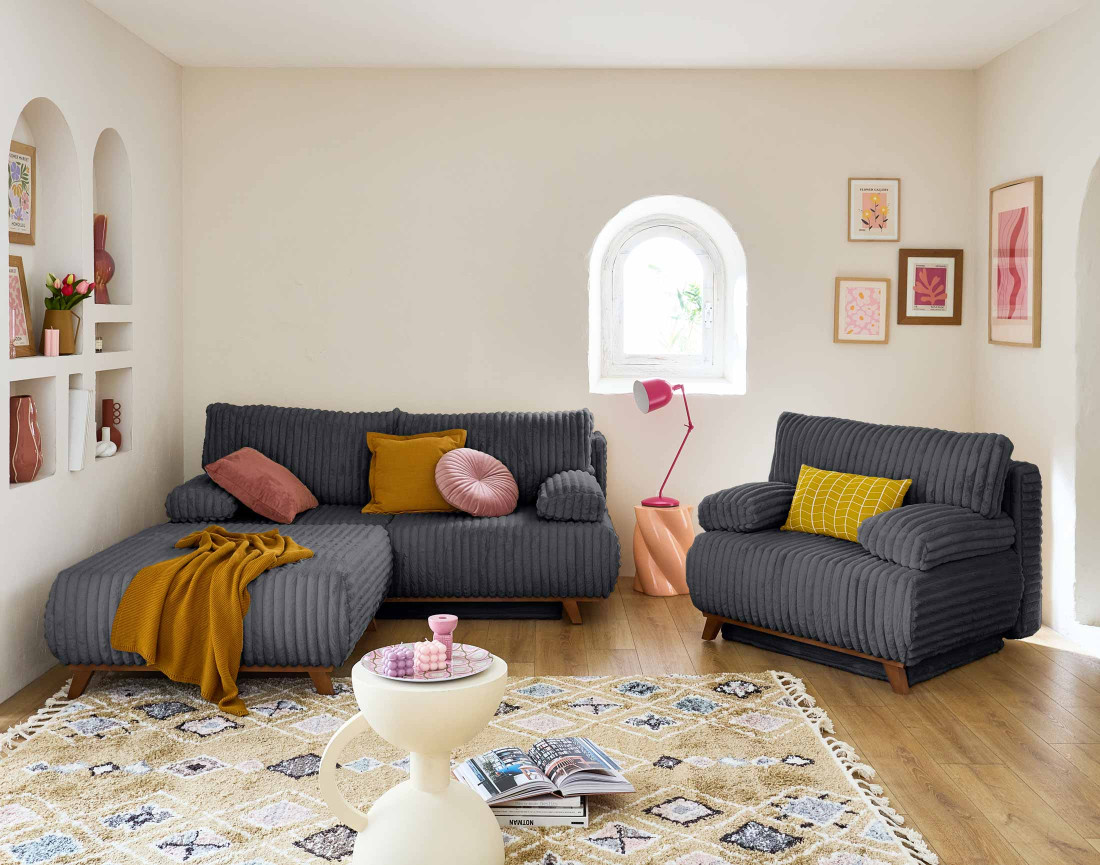 Pouf modulable 95 cm en fausse fourrure côtelée Cristal