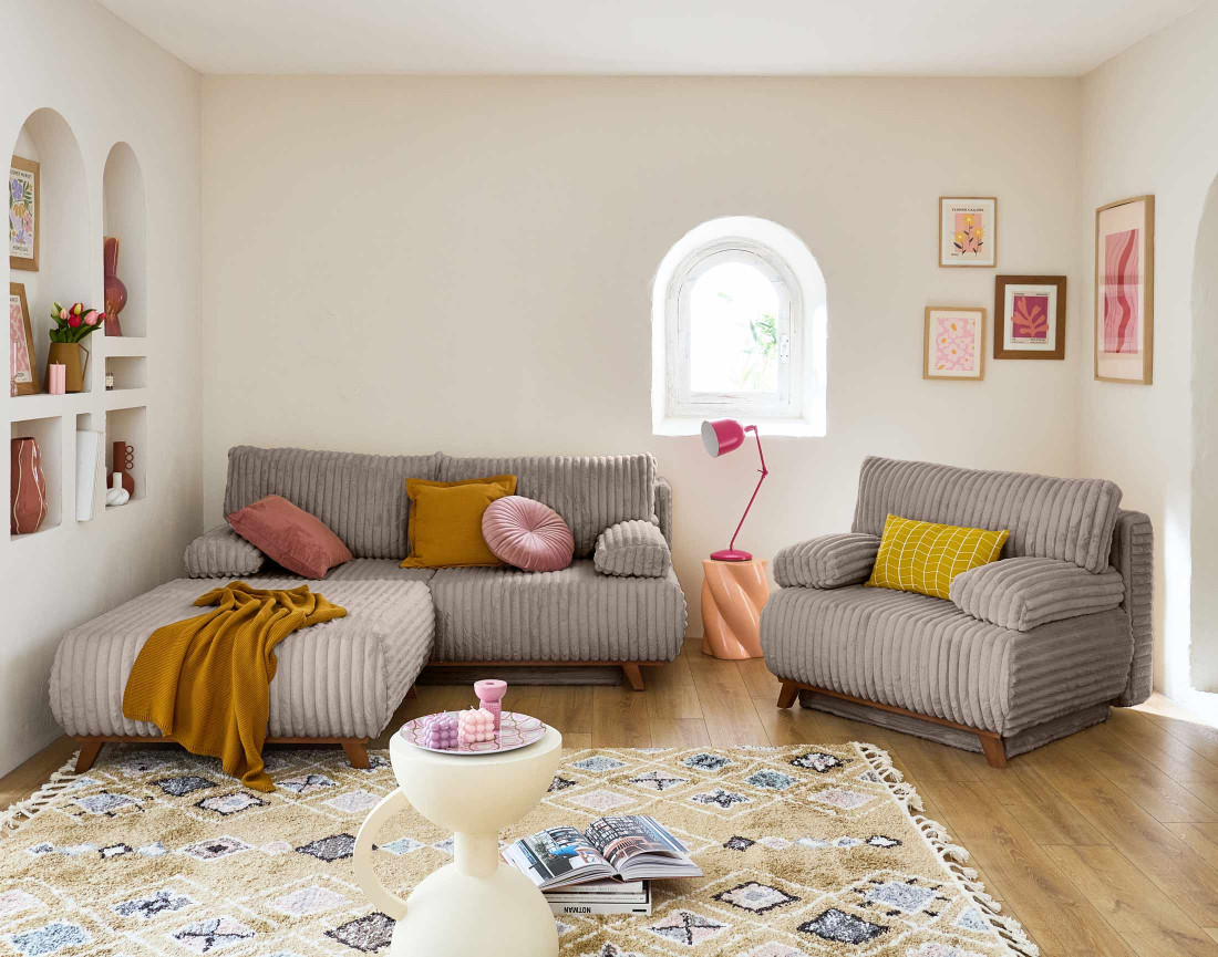 Pouf modulable 95 cm en fausse fourrure côtelée Cristal