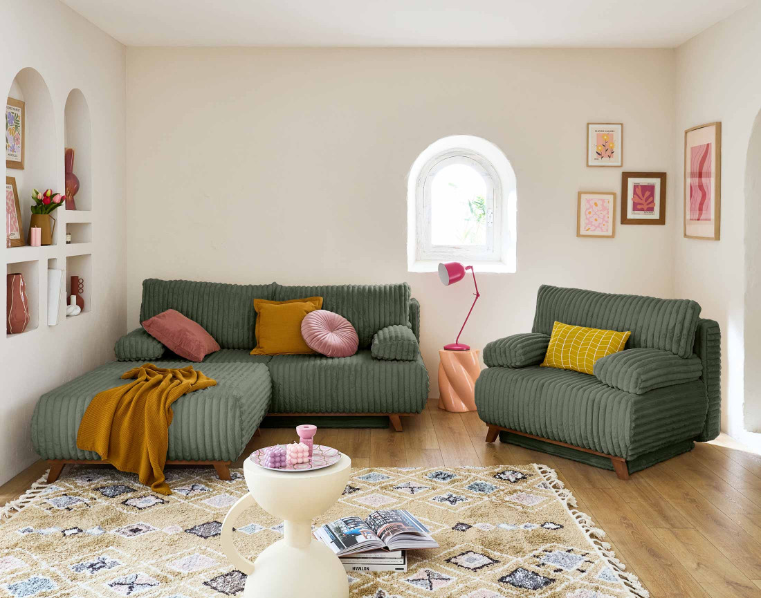 Pouf modulable 95 cm en fausse fourrure côtelée Cristal