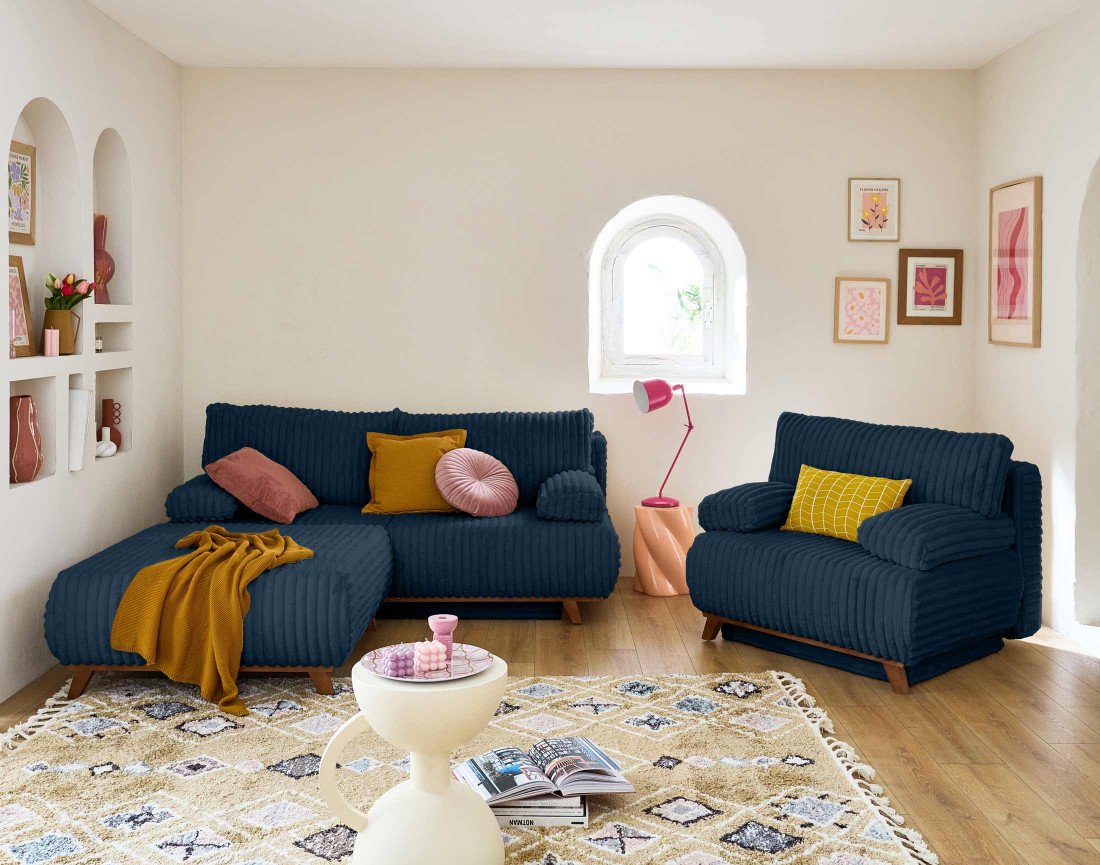 Pouf modulable 95 cm en fausse fourrure côtelée Cristal
