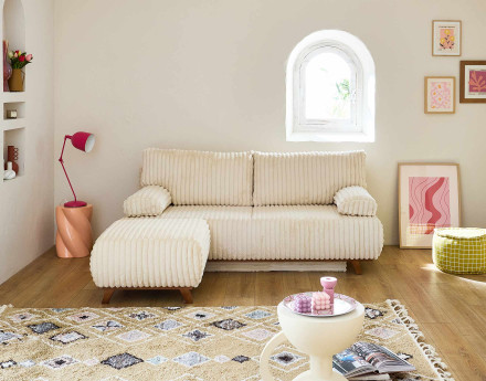 Canapé 3 places convertible avec coffre et pouf en fausse fourrure côtelée Cristal