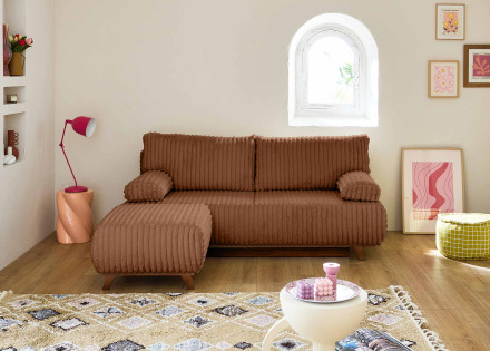 Canapé 3 places convertible avec coffre et pouf en fausse fourrure côtelée Cristal