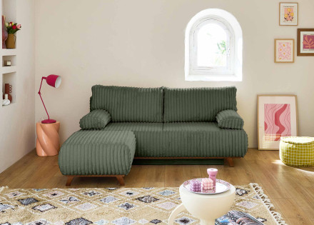 Canapé 3 places convertible avec coffre et pouf en fausse fourrure côtelée Cristal