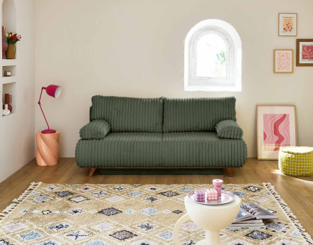 Canapé 3 places convertible avec coffre et pouf en fausse fourrure côtelée Cristal