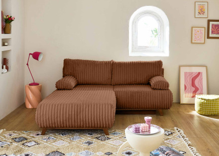 Canapé 3 places convertible avec coffre et grand pouf en fausse fourrure côtelée Cristal