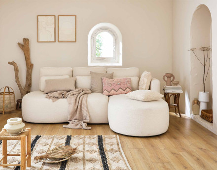 Canapé d'angle droit 4 places convertible avec coffre en tissu bouclette Mahina