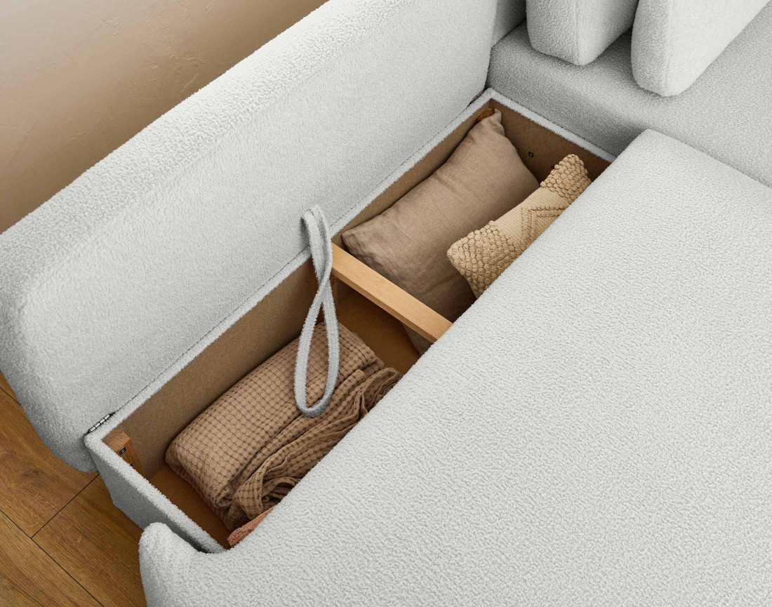 Canapé d'angle droit 4 places convertible avec coffre en tissu bouclette Mahina