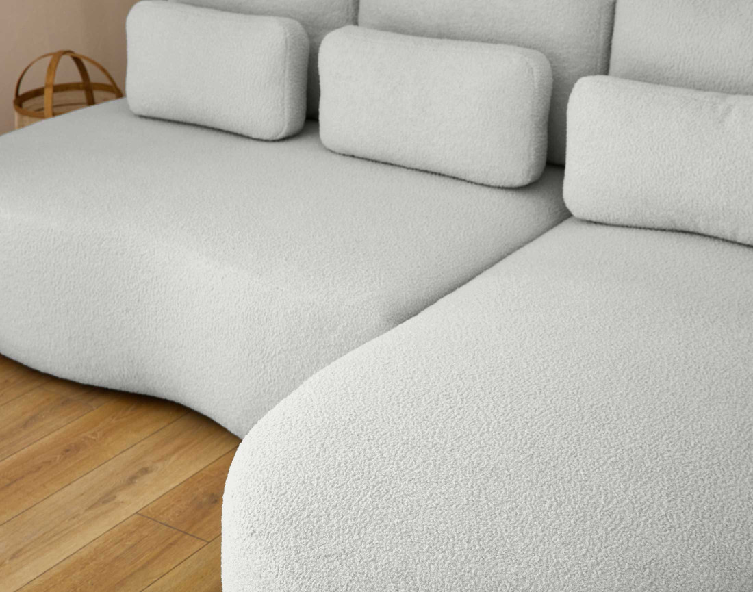 Canapé d'angle droit 4 places convertible avec coffre en tissu bouclette Mahina