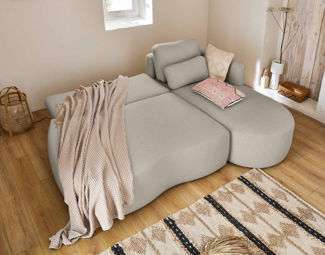 Canapé d'angle droit 4 places convertible avec coffre en tissu bouclette Mahina