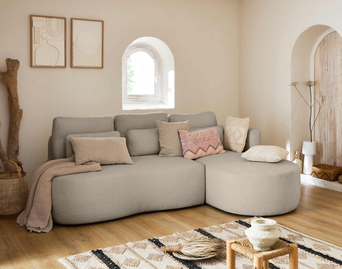 Canapé d'angle droit 4 places convertible avec coffre en tissu bouclette Mahina