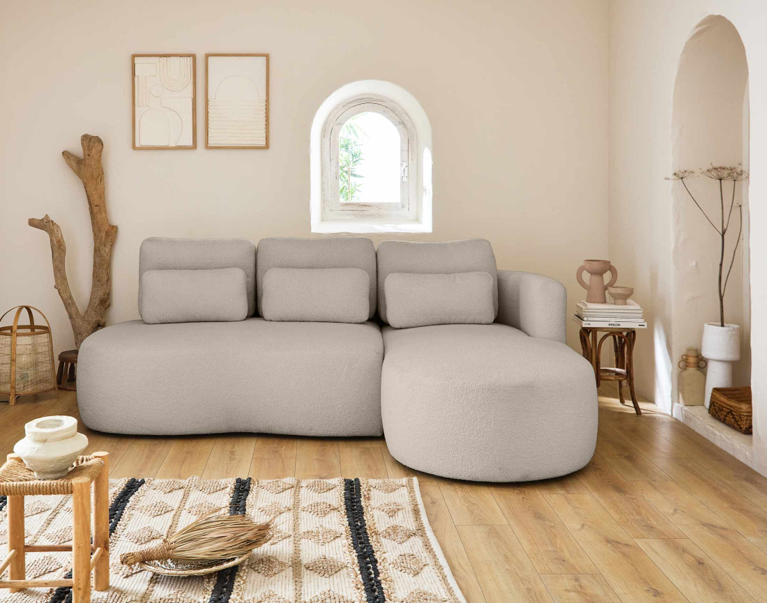 Canapé d'angle droit 4 places convertible avec coffre en tissu bouclette Mahina