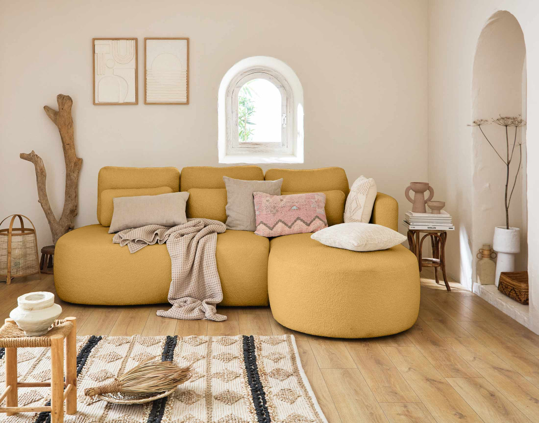 Canapé d'angle droit 4 places convertible avec coffre en tissu bouclette Mahina