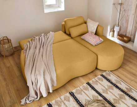 Canapé d'angle droit 4 places convertible avec coffre en tissu bouclette Mahina