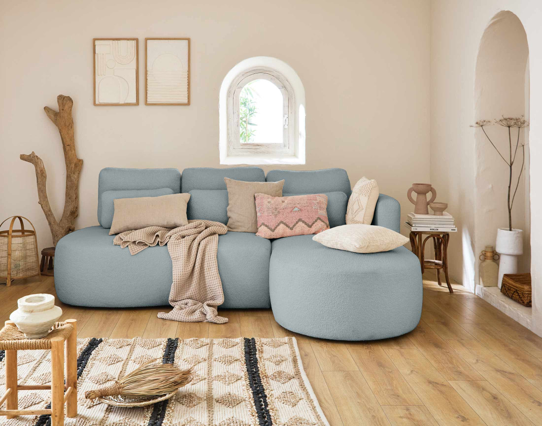 Canapé d'angle droit 4 places convertible avec coffre en tissu bouclette Mahina