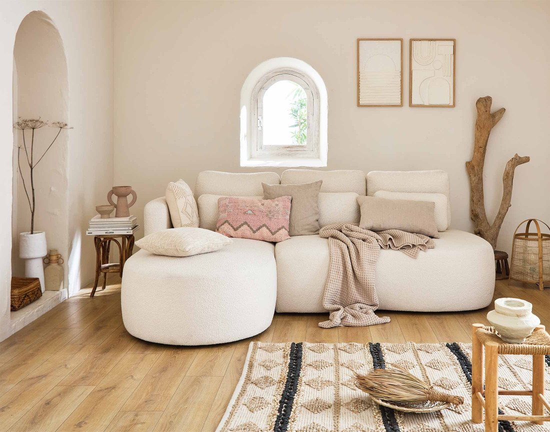 Canapé d'angle gauche 4 places convertible avec coffre en tissu bouclette Mahina