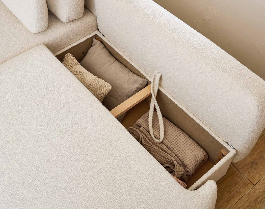 Canapé d'angle gauche 4 places convertible avec coffre en tissu bouclette Mahina